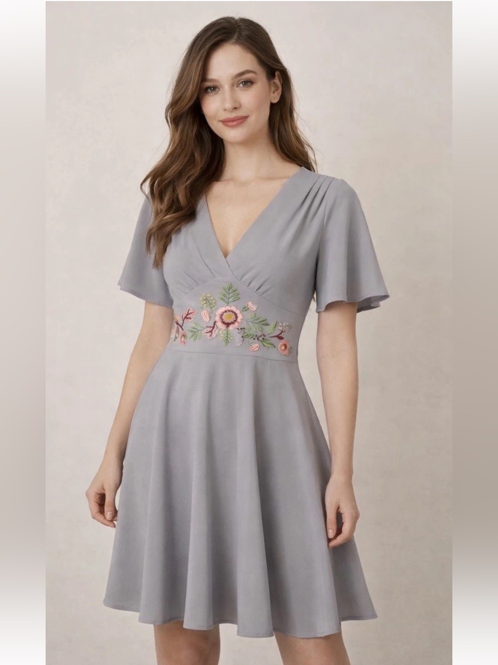 HOMAGE Light Gray V-Neck Flutter Sleeve Mini Dress with Floral Embroidery